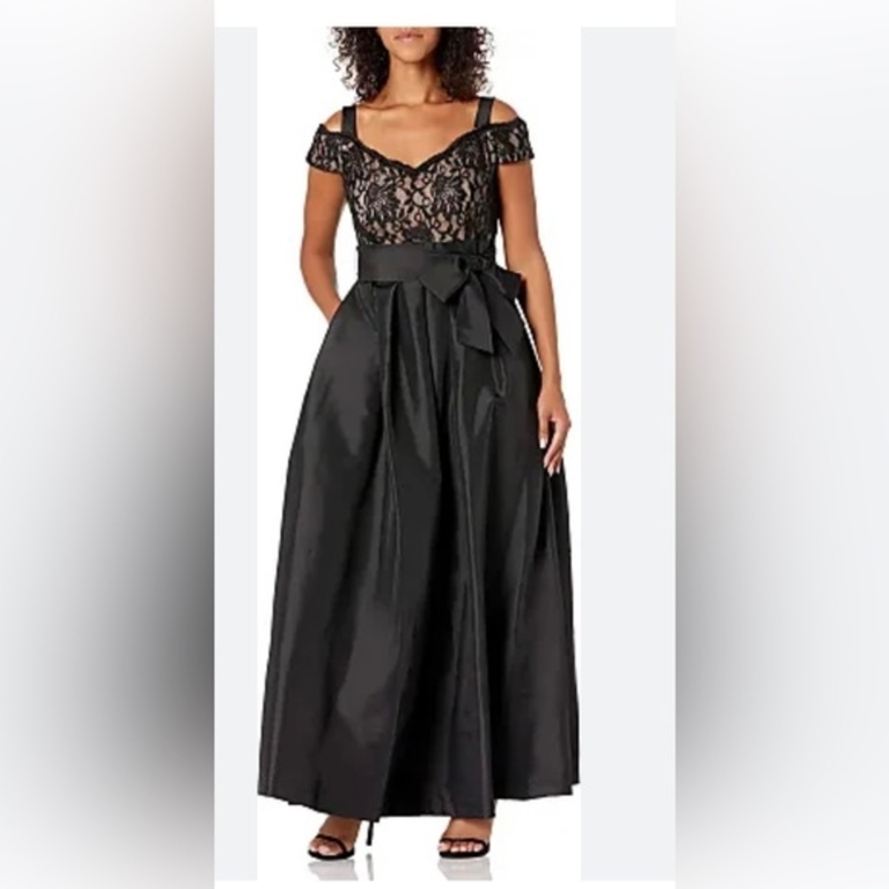 R & M Richards Black Pleated Maxi Gown